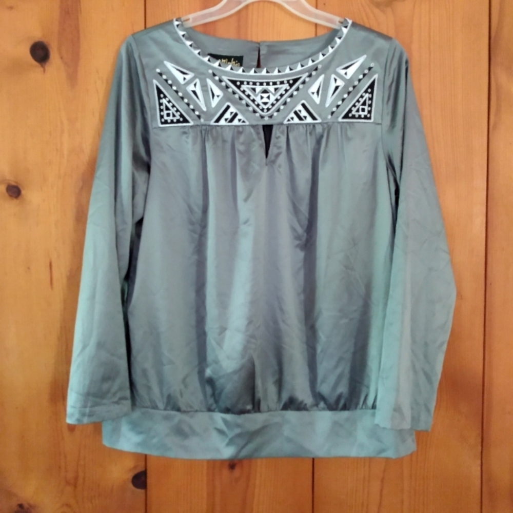 Bob Mackie Wearable Art Charmeuse Blouse With Geometric Embroidery Detail